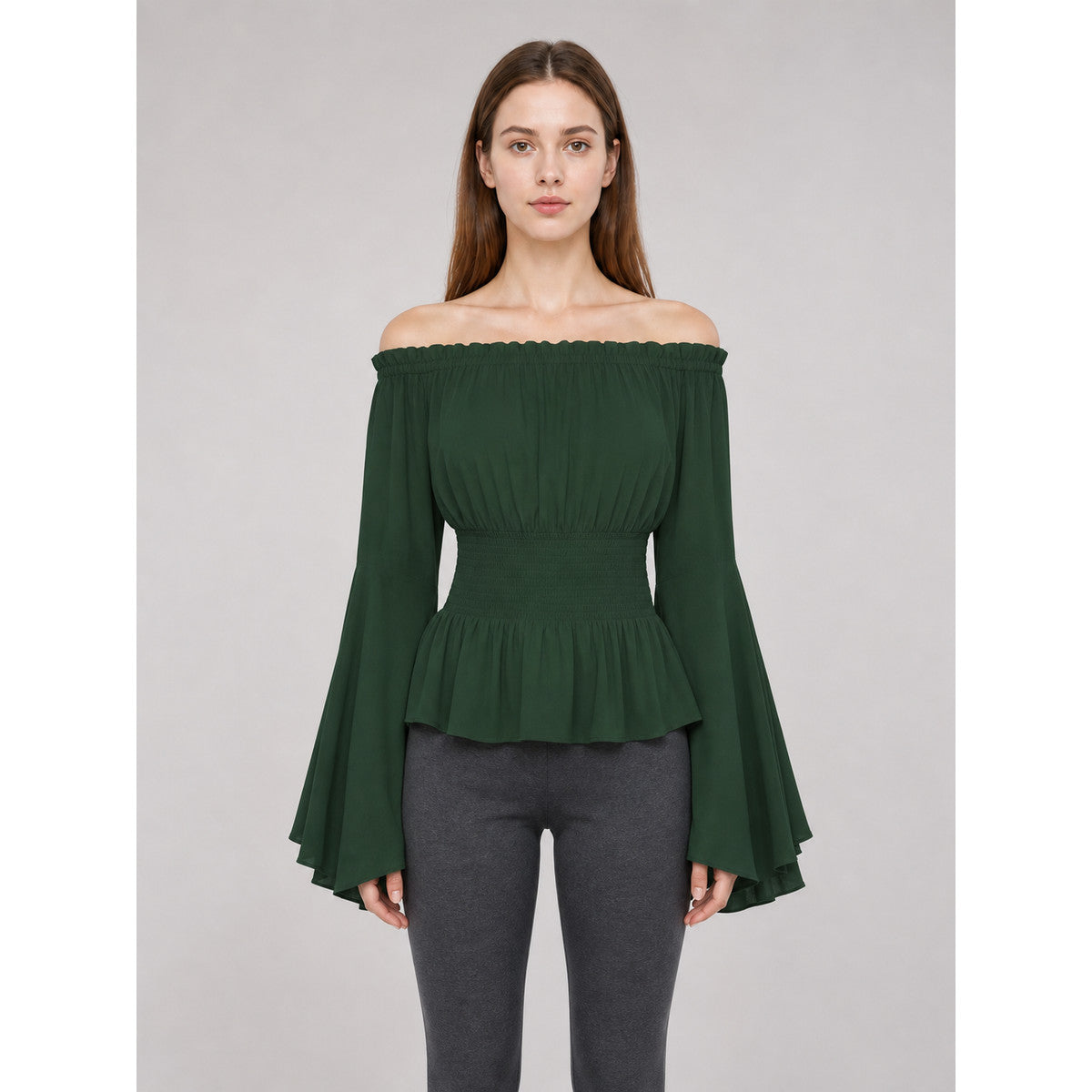 Dark Green Off-Shoulder Peplum Blouse on-model view