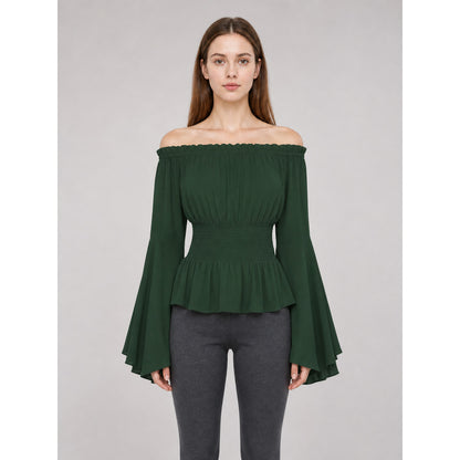 Dark Green Off-Shoulder Peplum Blouse on-model view