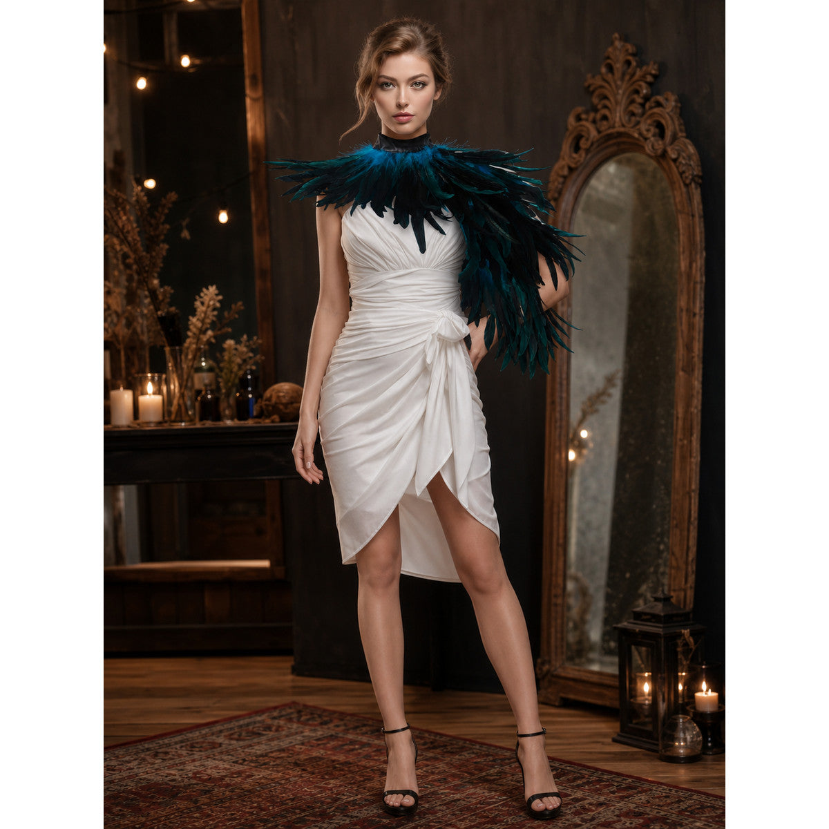 Asymmetrical Feather Cape, 1 Piece, Layered Teal/Dark Blue/Black Feather Trim, Right Side Long Feather Drape, Neckline Feather Decor, Costume Cape