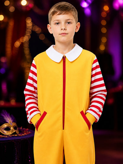 Yellow Clown Jumpsuit Costume With Red and White Striped Sleeves and Legs on-model view