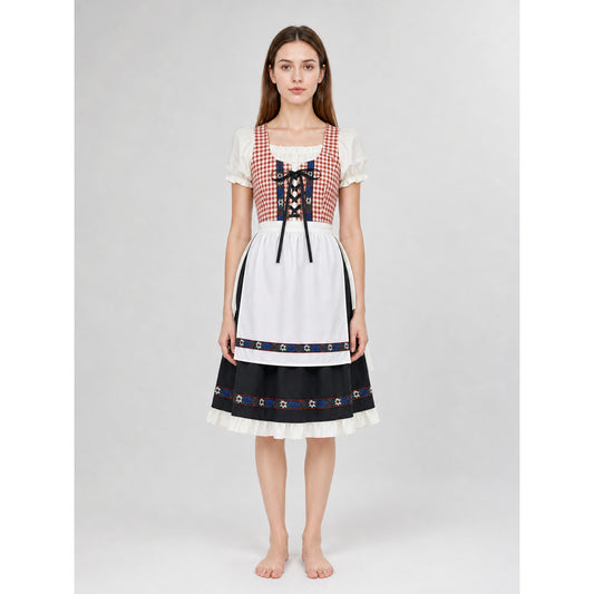 This traditional costume is designed in a vintage folk style and is suitable for creating a striking look for a costume party, themed event, holiday program, or cultural performance. The dress features a brown-and-white plaid pattern: this