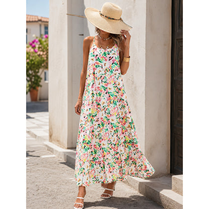 Women's Long Spaghetti-Strap Dress with Print