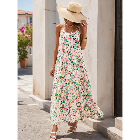 Women's Long Spaghetti-Strap Dress with Print