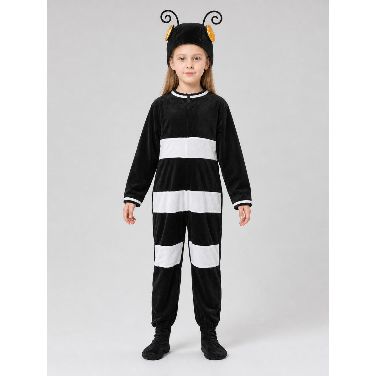 One-piece insect costume in a playful style, intended for dress-up, costume parties, themed events, and Halloween. The design is a jumpsuit with long sleeves, a black body, and wide white horizontal stripes. A black headpiece with curled an