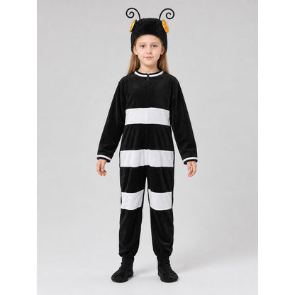 One-piece insect costume in a playful style, intended for dress-up, costume parties, themed events, and Halloween. The design is a jumpsuit with long sleeves, a black body, and wide white horizontal stripes. A black headpiece with curled an