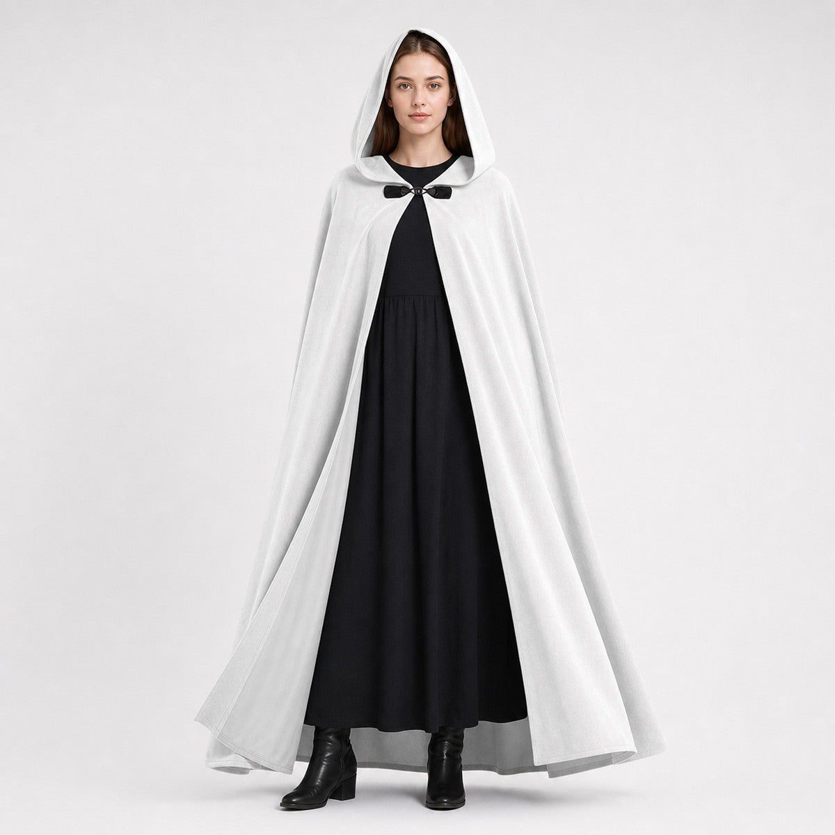 Full-Length White Hooded Cape with Oversized Hood and Black Bow Closure for Fantasy Medieval Cosplay and Stage Performances