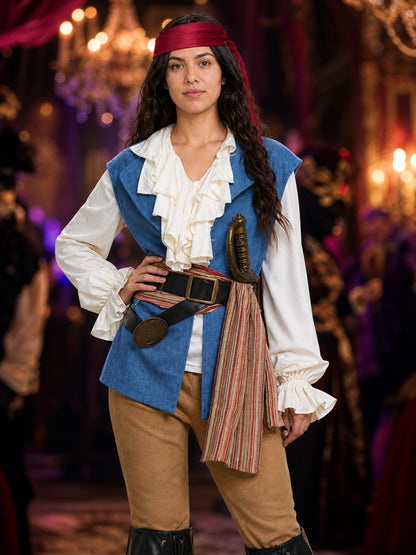 Adult Pirate Costume Set with Vest, Shirt, Pants, Headpiece and Boot Covers on-model view