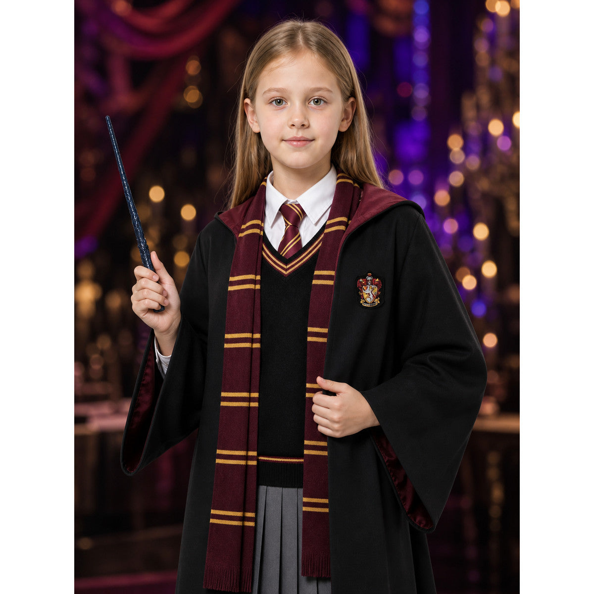 Kids Wizard Robe Costume Set, Hooded Cloak With Tie, Scarf, Wand, Shirt, Skirt on-model view