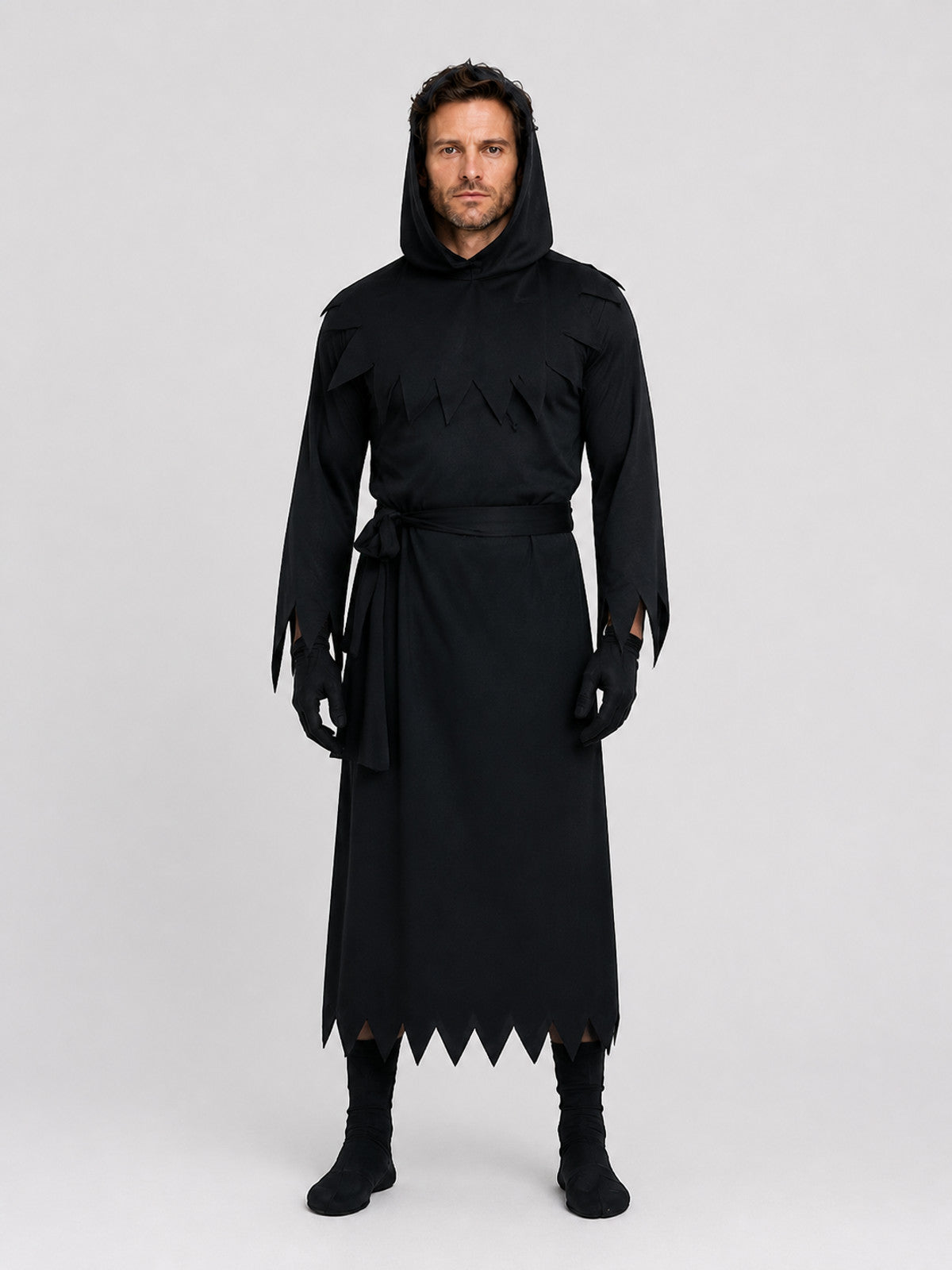 Black Reaper cosplay costume with hood on-model view