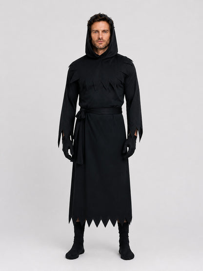 Black Reaper cosplay costume with hood on-model view