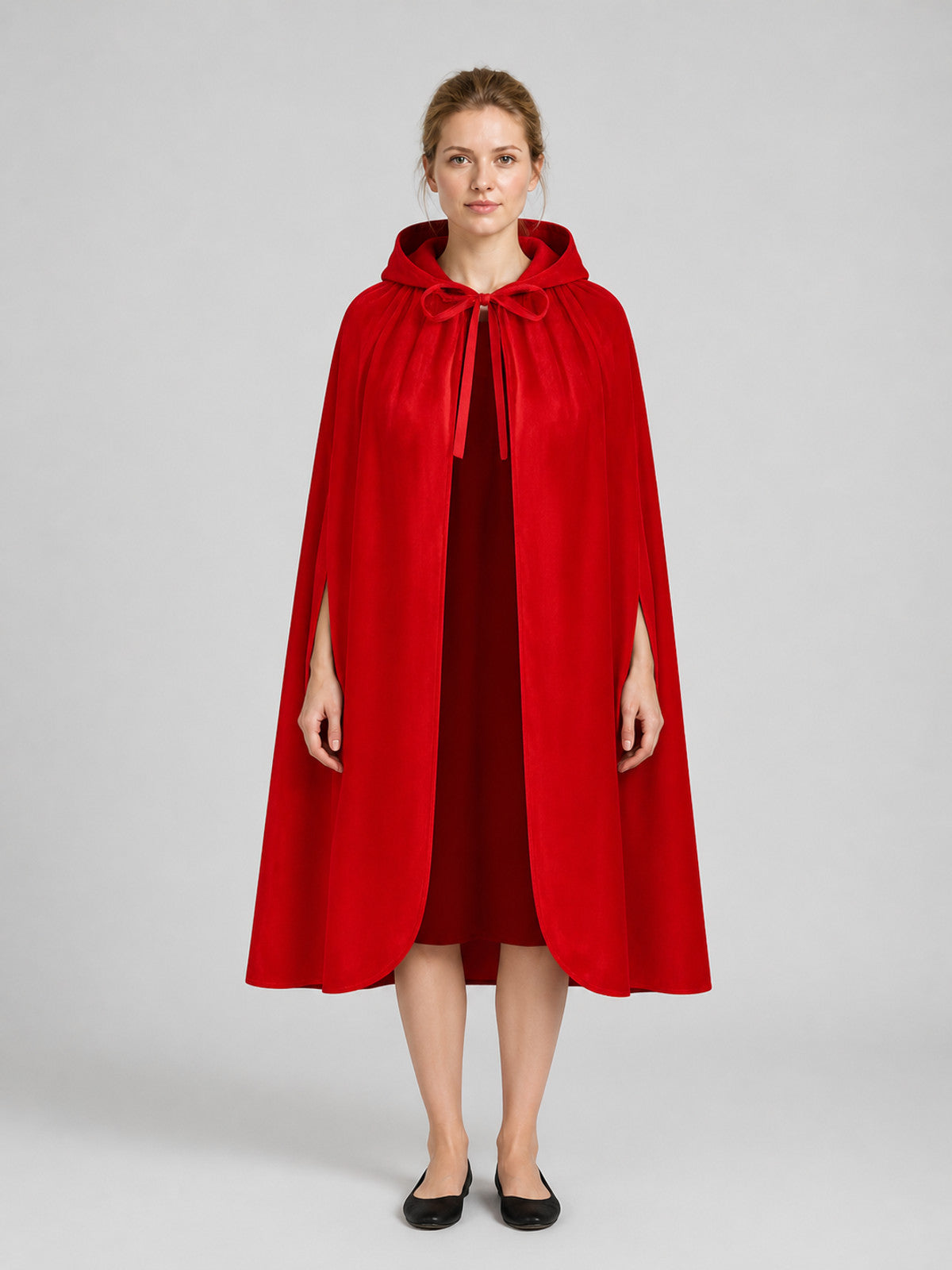 Red Short Hooded Halloween Cape with Lace on-model view
