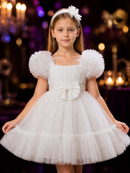 Toddler Girls' White Princess Dress with Puff Sleeves, Tulle Skirt and Bow on-model view