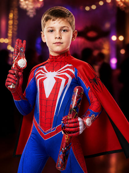 Iron Spider-Man Hooded Bodysuit Halloween Costume with Red-Blue Spider Web on-model view