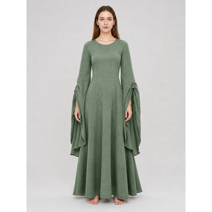 Long Green Retro-Style Dress with Belt