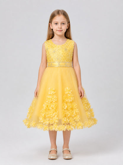 Yellow Girls' Tutu Dress with Flowers and Beads on-model view