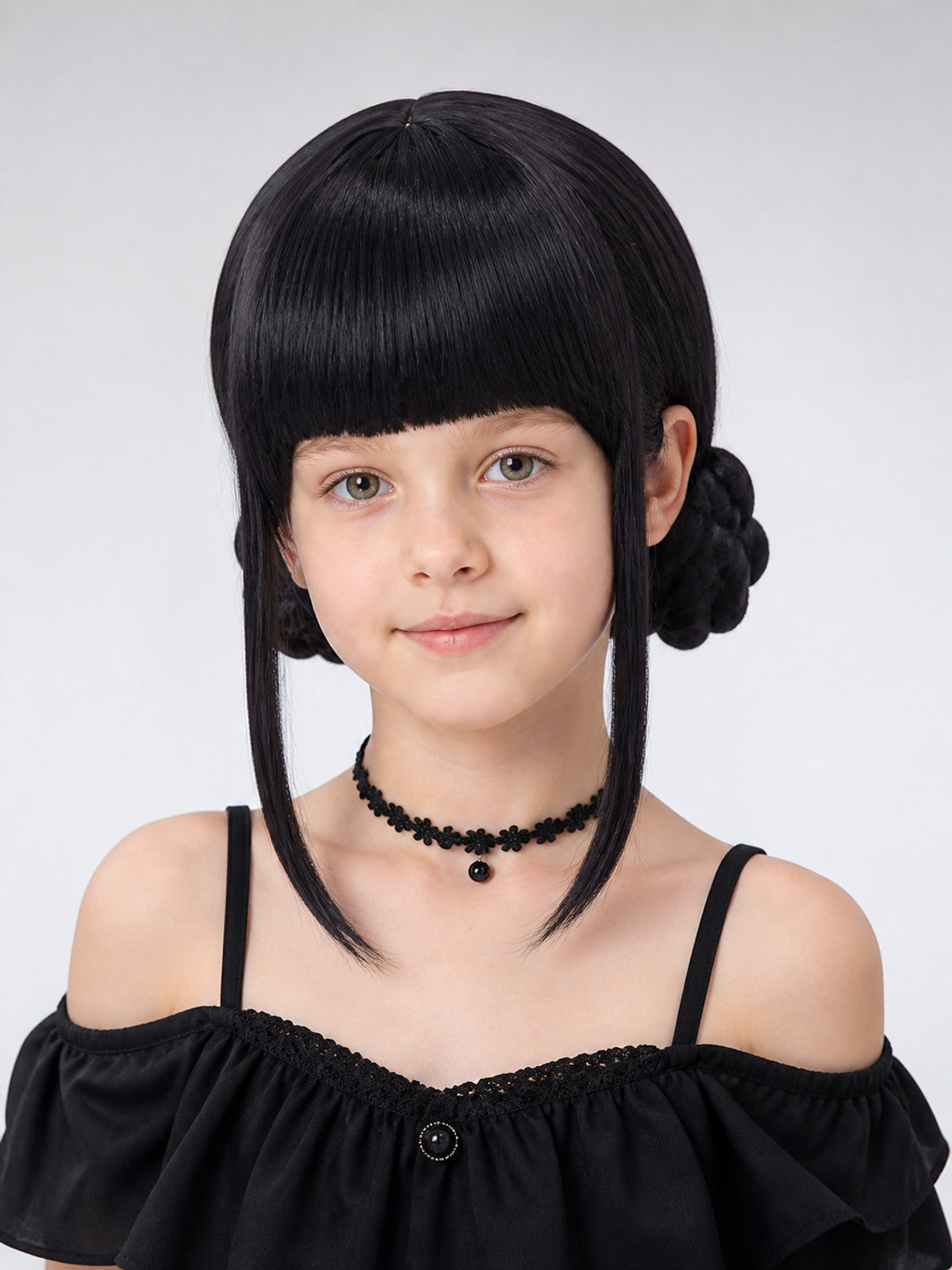 Black Cosplay Wig with Double Buns and Bangs
