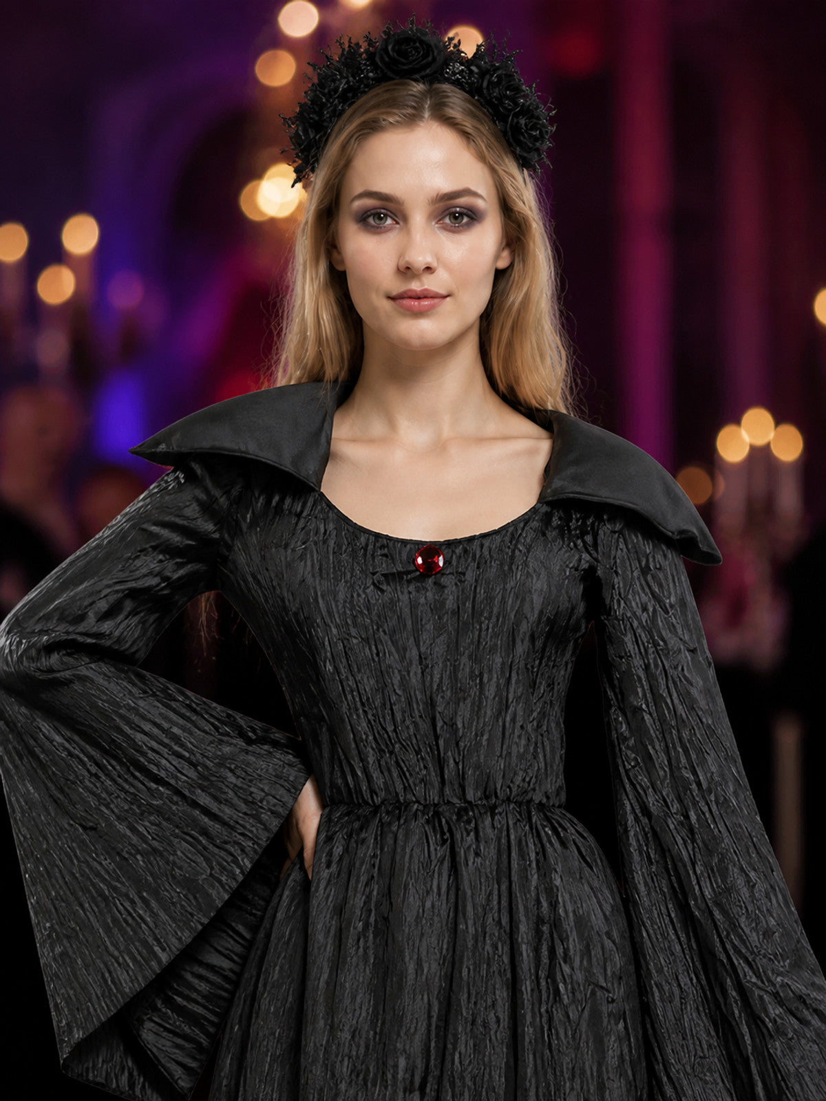 Witch Costume with Red Brooch for Halloween on-model view