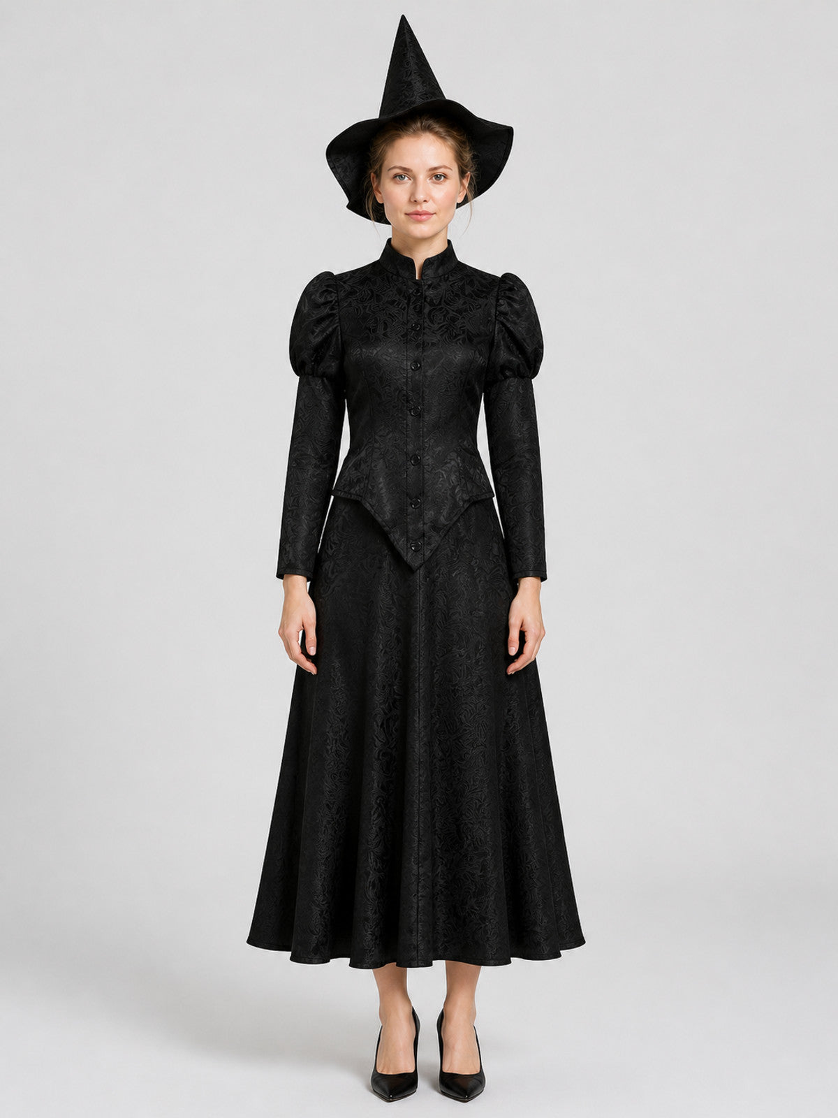 Black Elphaba Costume with Pointed Hat and Puff Sleeves