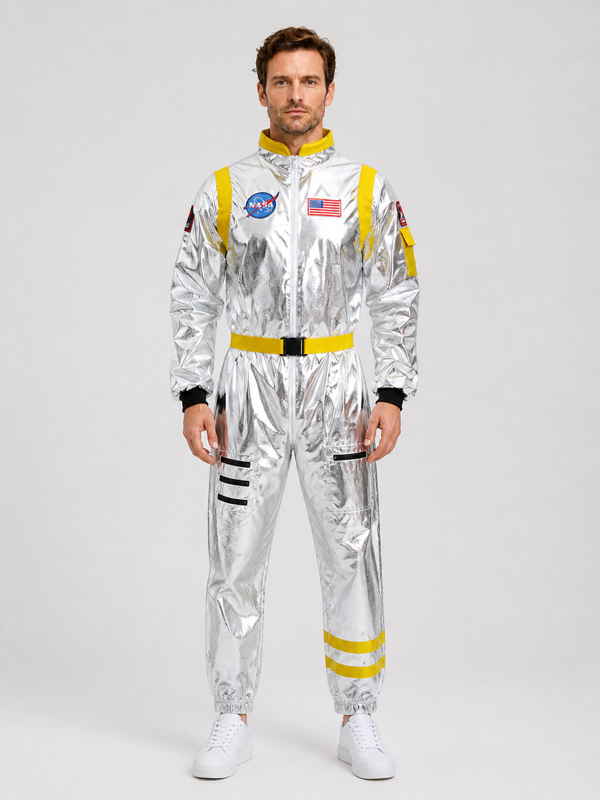 Astronaut Costume, Silver NASA Jumpsuit on-model view
