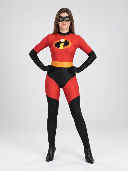 Red and black costume with mask, yellow belt, and emblem