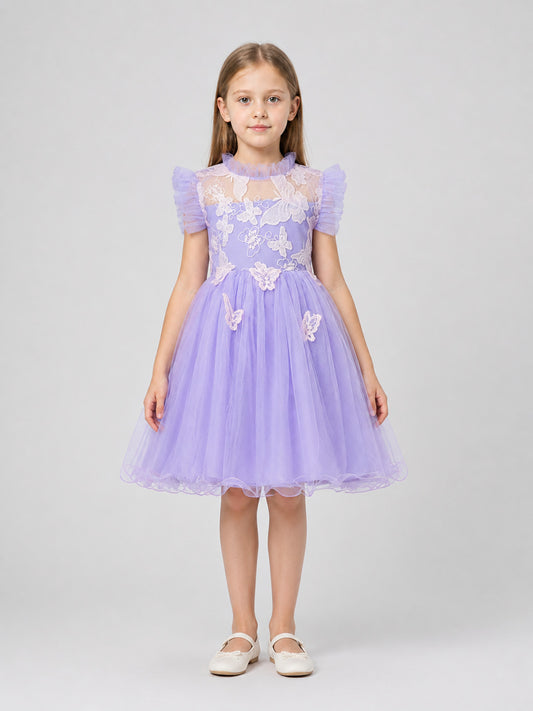 Festive Dress with Full Skirt, Flowers, and Butterflies on-model view