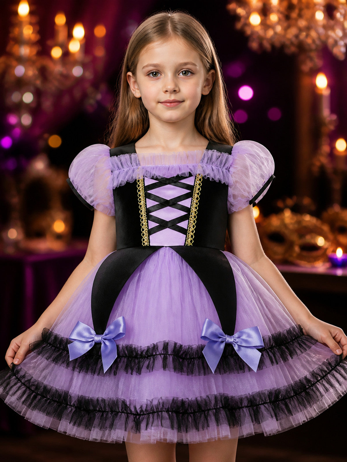 Girls' Purple and Black Witch Princess Costume Dress with Puff Sleeves and Tulle on-model view