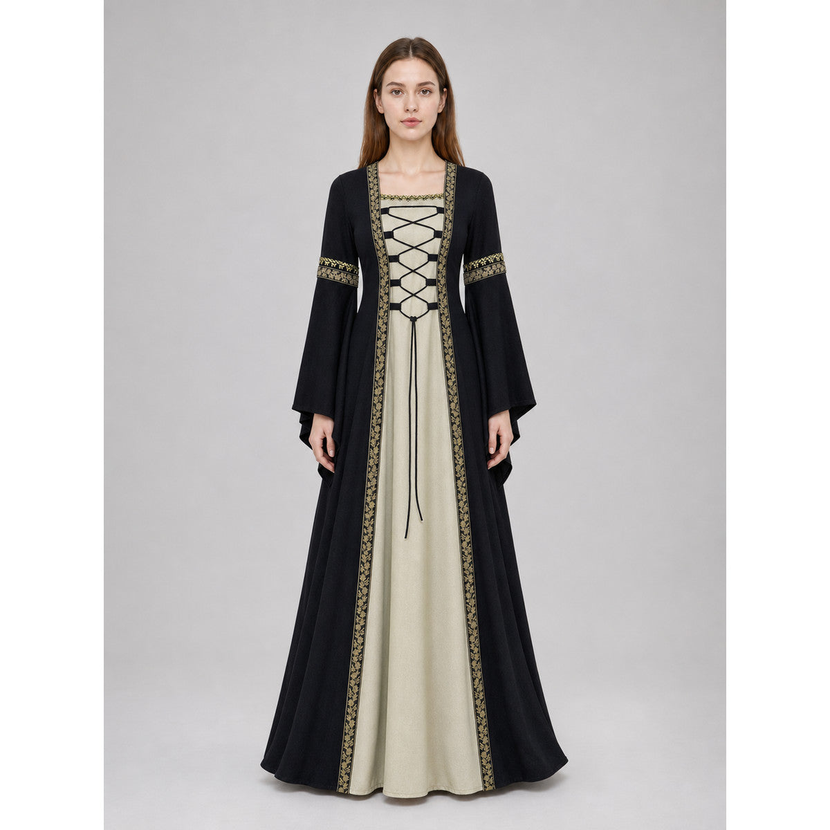 Medieval-style dress with flared sleeves, lacing, and decorative trim. The design is made in black with a cream-colored center panel and golden floral elements along the edges and on the cuffs. The open front layer frames the light-colored 