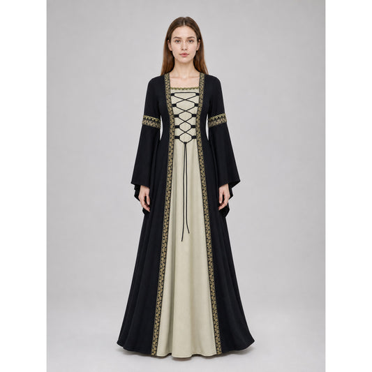 Medieval-style dress with flared sleeves, lacing, and decorative trim. The dress on-model view