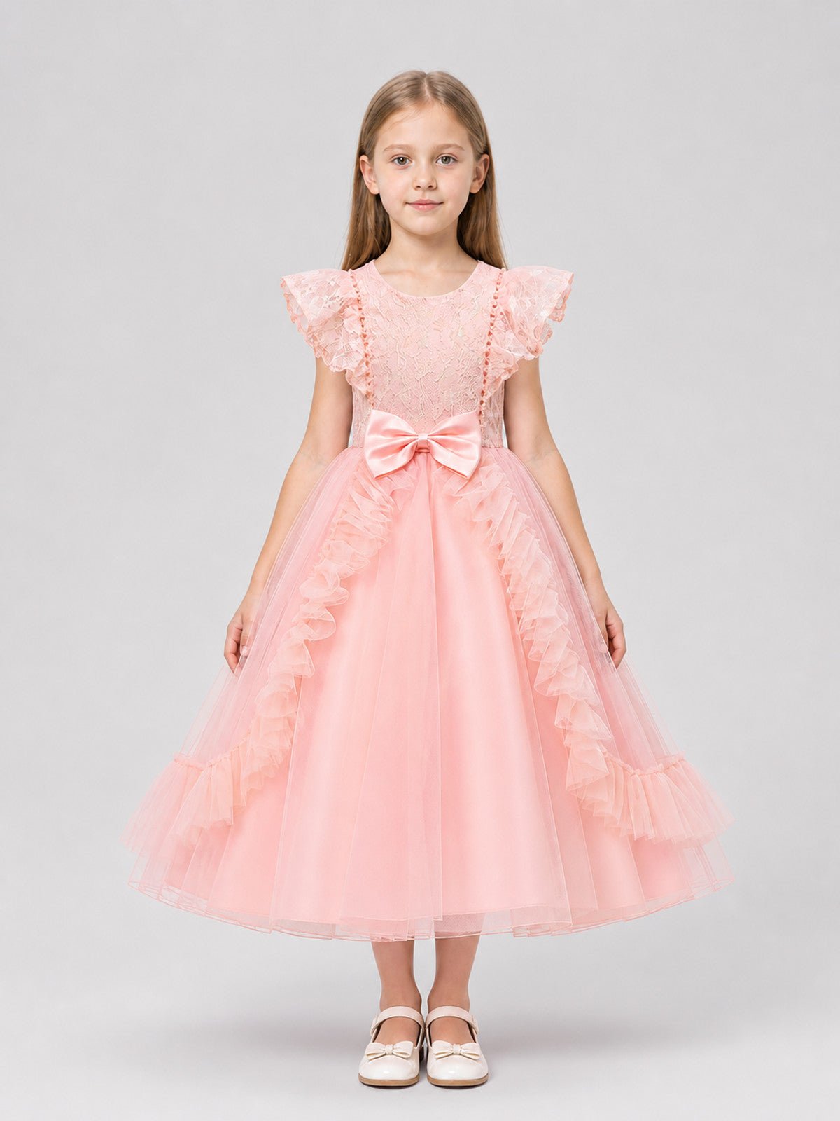 Dressy Pink Princess Dress with Bow and Full Skirt on-model view