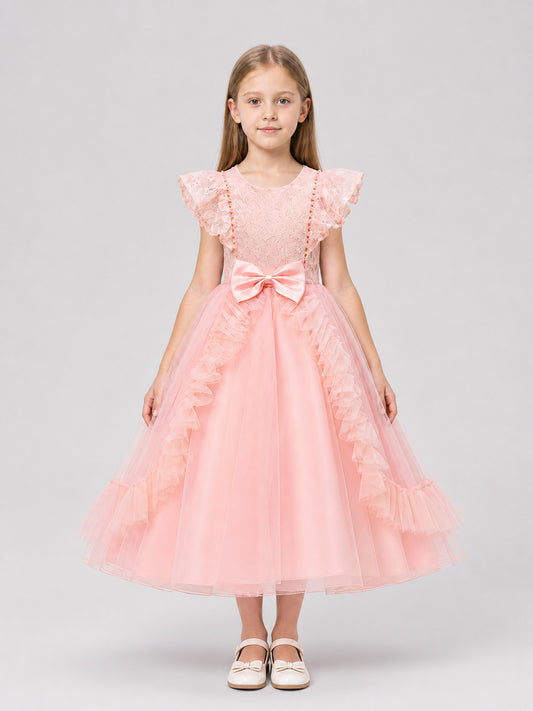 Dressy Pink Princess Dress with Bow and Full Skirt on-model view
