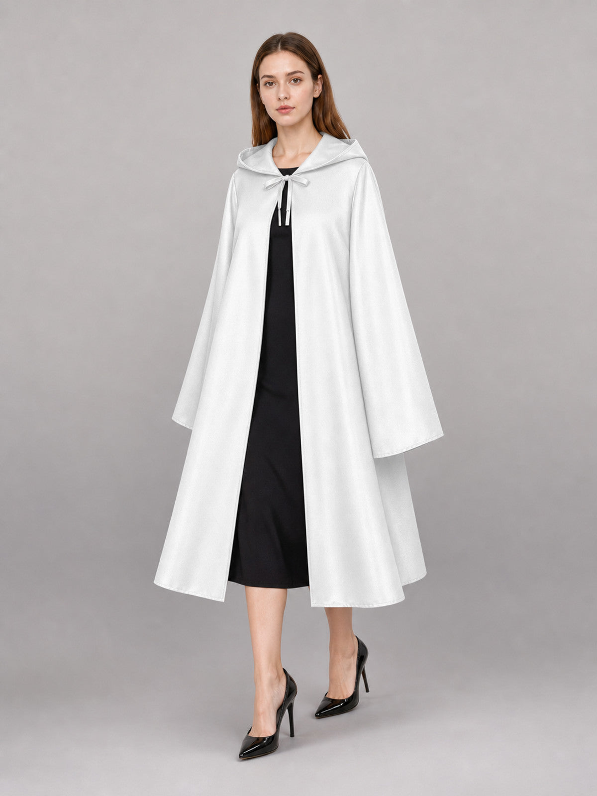 Long White Hooded Carnival Cloak front view