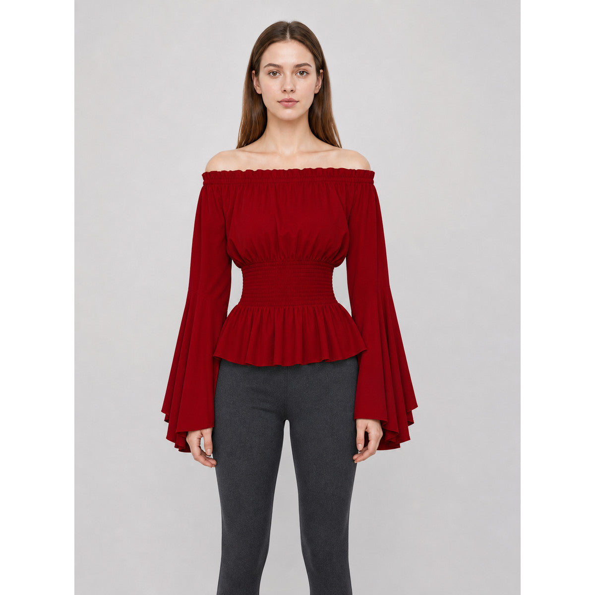 Long-Sleeve Peplum Blouse, Deep Red
