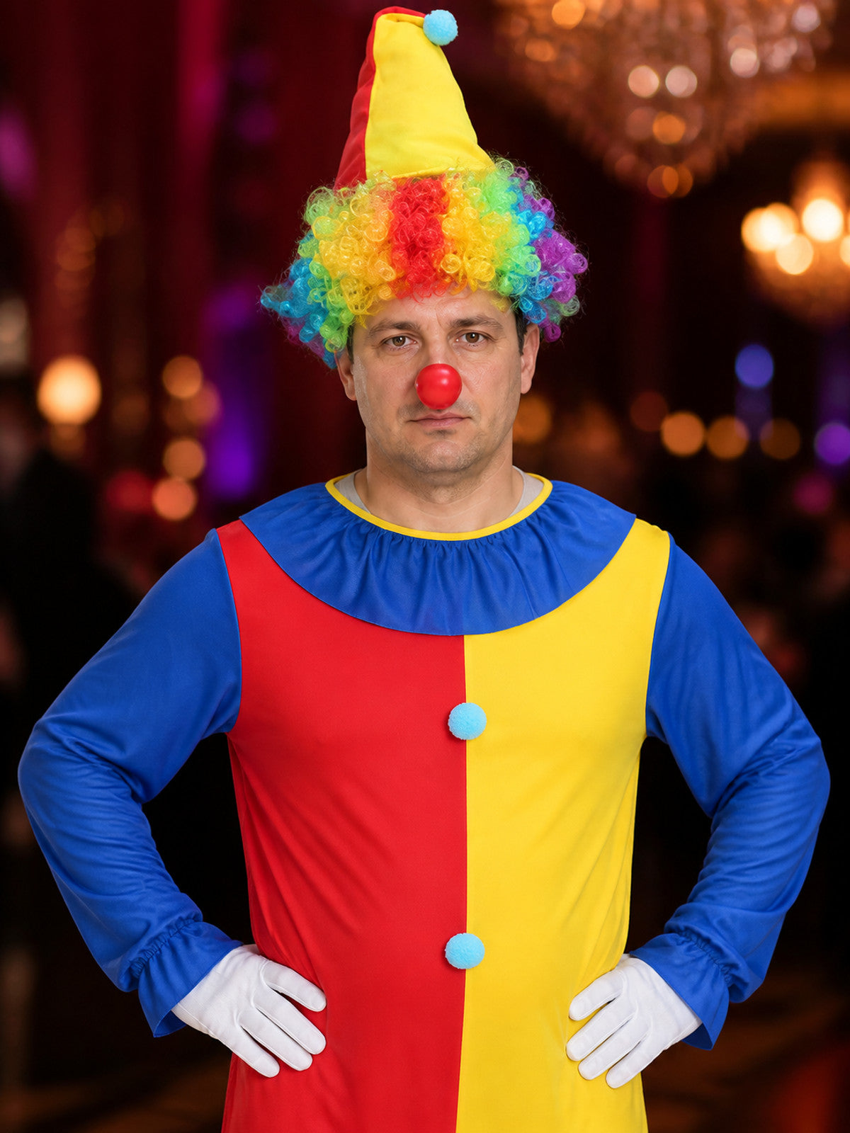 Adult Unisex Clown Jumpsuit Costume Set, Red/Yellow Split with Pointed Hat on-model view