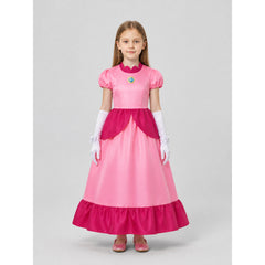 Super Mario Princess Peach Costume Dress with Crown, Gloves, and Brooch