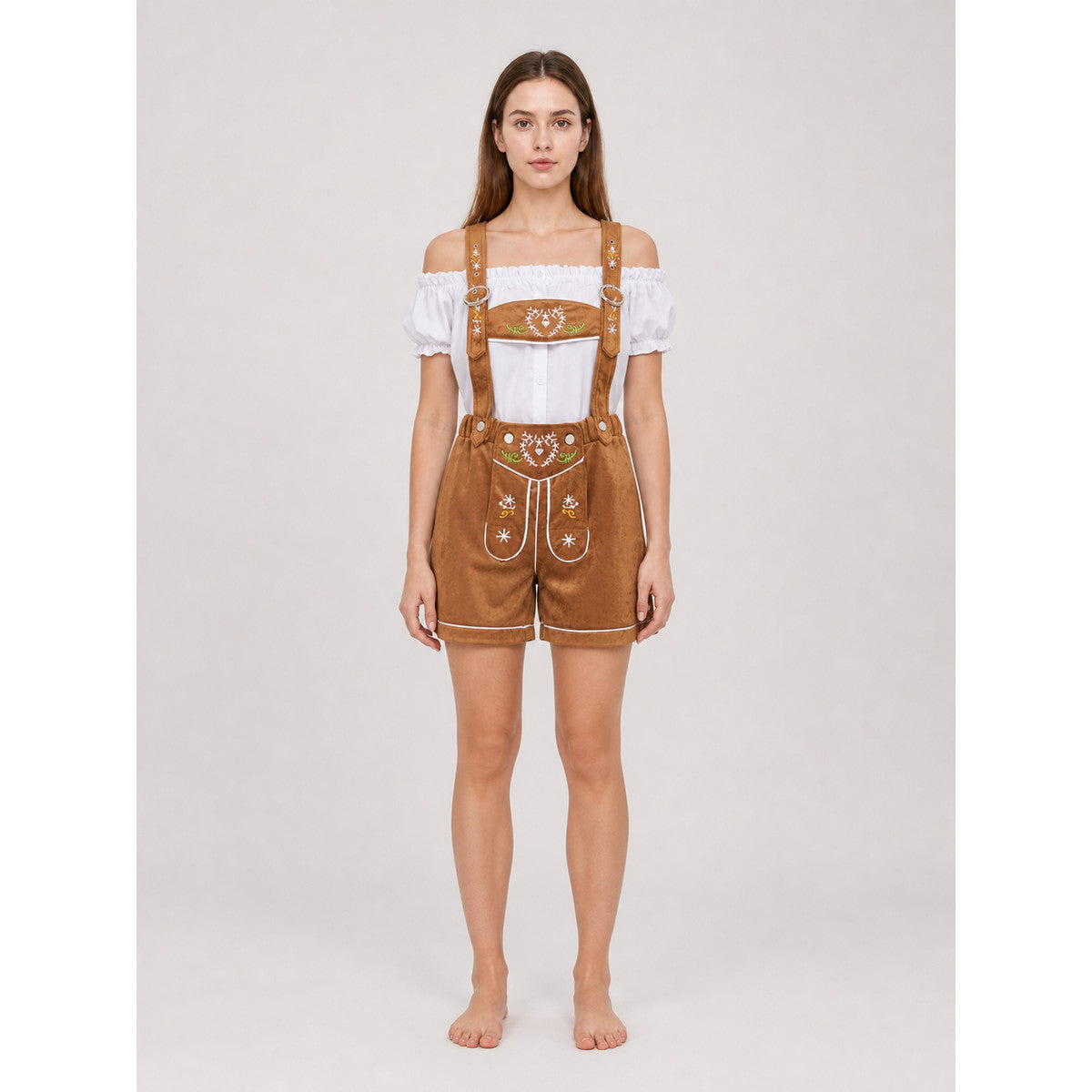 Brown Bavarian-Style Stage Costume with Embroidery on-model view