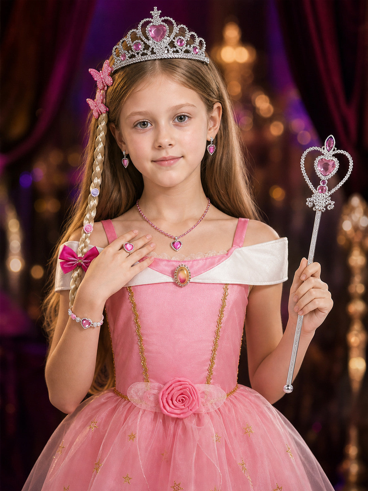 Girls Princess Costume Set with Sequined Tulle Dress, Crown, and Magic Wand for on-model view