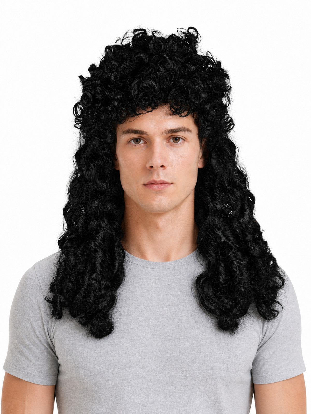 Black curly costume wig with long curls, shown on a front-facing model against a white background