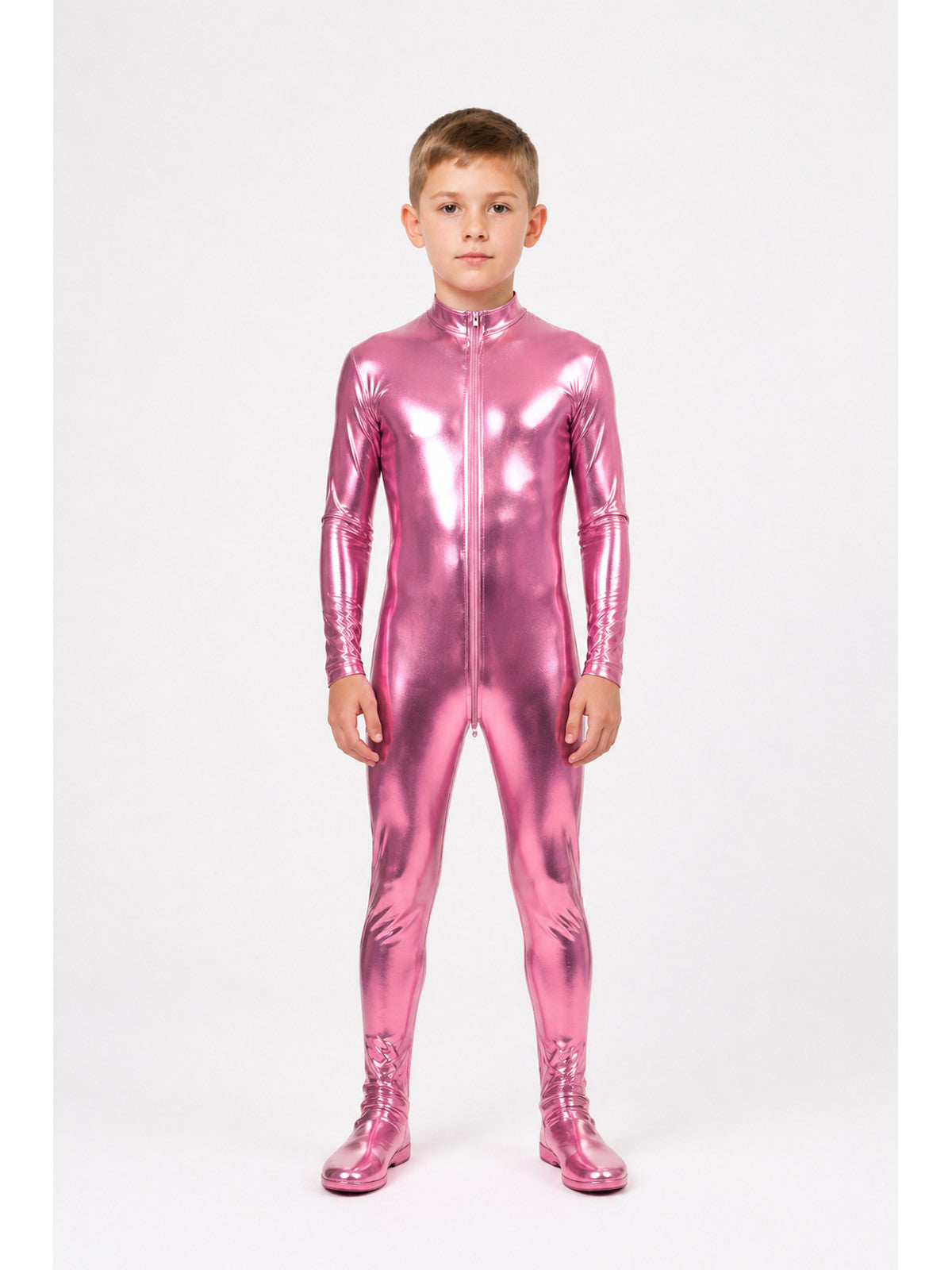 Men's Shiny Pink Stage Jumpsuit with Zipper main product view
