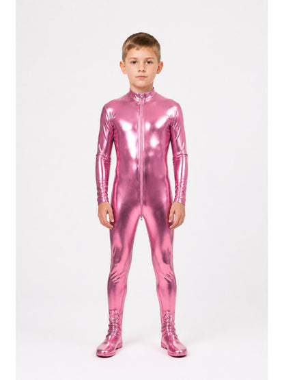 Men's Shiny Pink Stage Jumpsuit with Zipper main product view