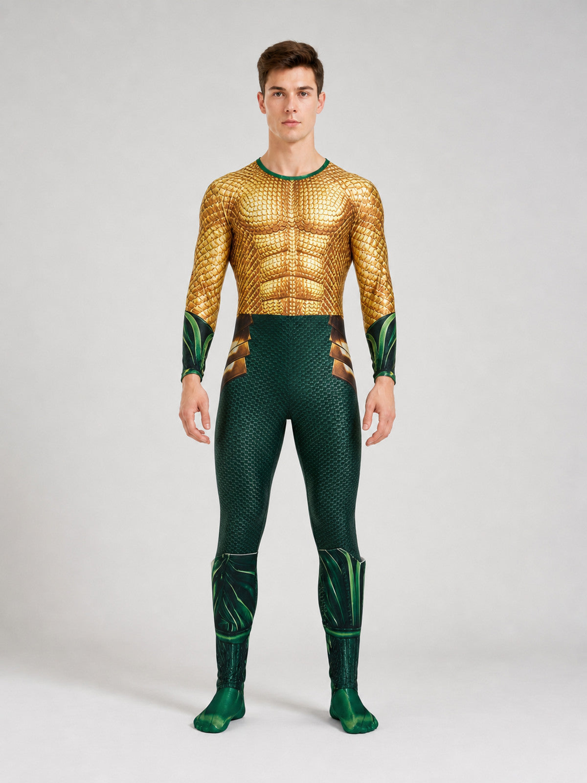 This set is designed to create a striking superhero look with an aquatic theme on-model view