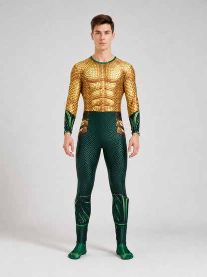 This set is designed to create a striking superhero look with an aquatic theme on-model view
