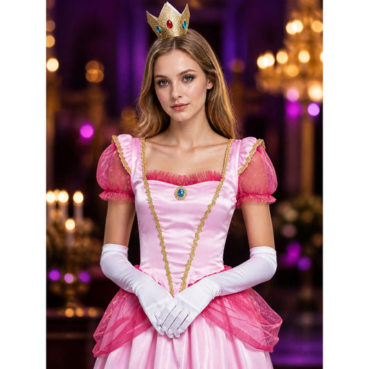 Princess Dress Costume, Pink Ball Gown with Puffy Sleeves and Blue Gem on-model view