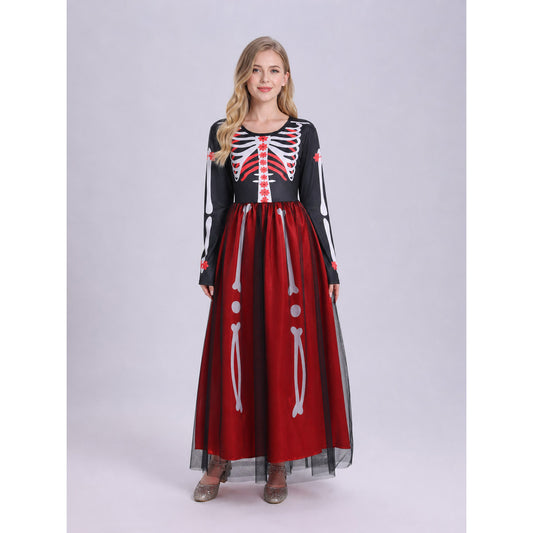 Halloween cosplay dress with a skeleton print