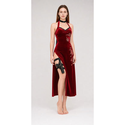 Qipao-style cosplay costume: red dress with holster