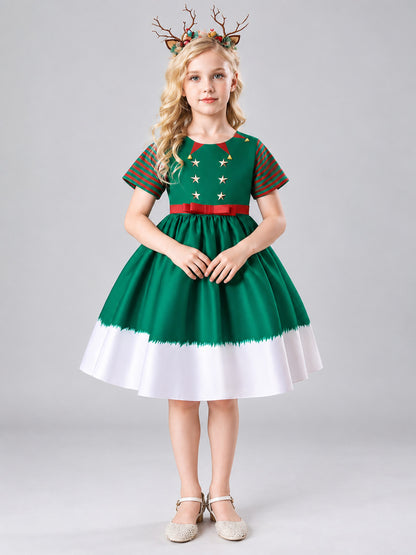 Green Kids' Holiday Dress with Stars and Bow
