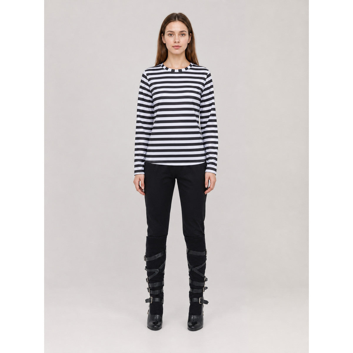 Black-and-White Striped Stage Thief Costume on-model view