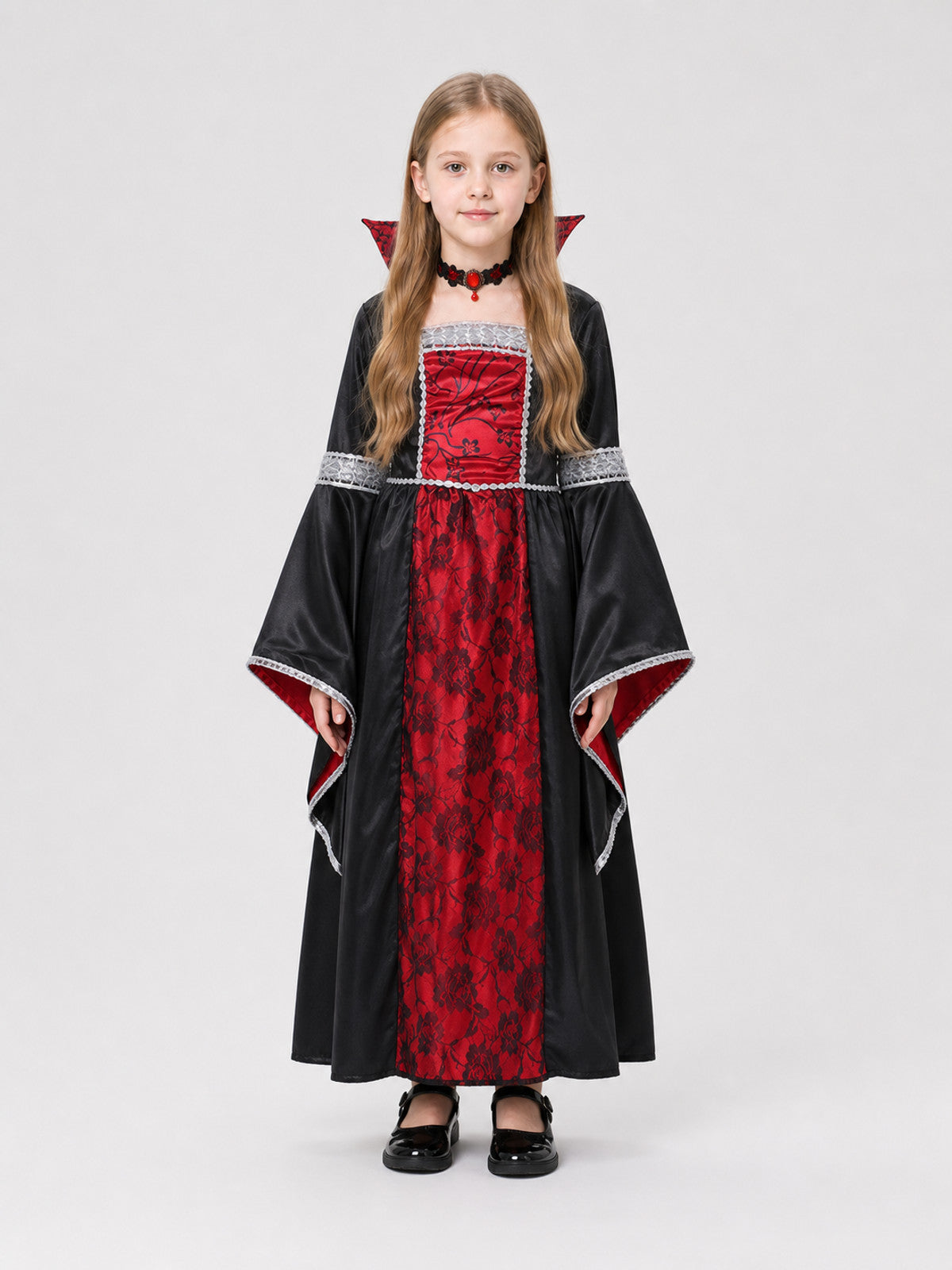 Red Halloween Witch Dress for Girls with Cape and Flowers on-model view