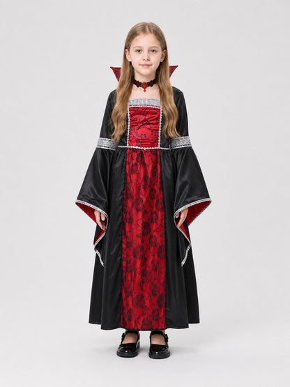 Red Halloween Witch Dress for Girls with Cape and Flowers on-model view