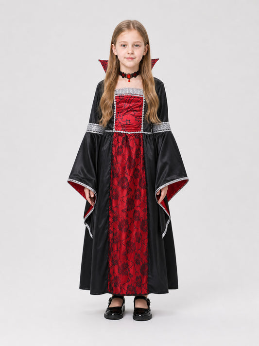 Red Halloween Witch Dress for Girls with Cape and Flowers on-model view