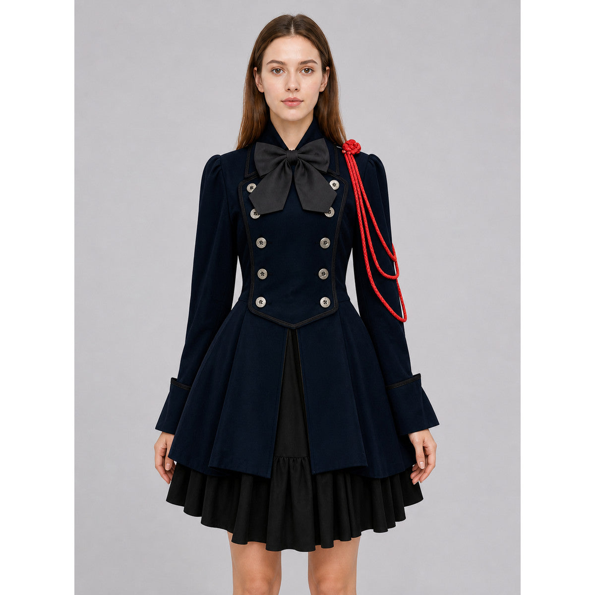 Gothic Dress with Bow and High Collar front view